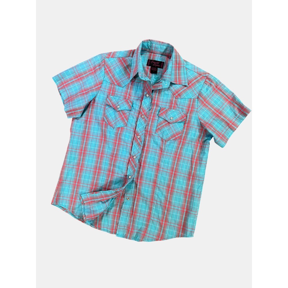 Cowgirl Legend Pearl Snap Western Shirt L Coral & Aqua Plaid Metallic Tread